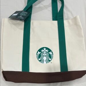 Starbucks/Disneyland Cream Canvas Tote with Green Straps and Brown Base